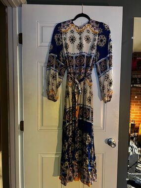 Boden Blue and White Printed Long Sleeve Maxi Dress with Gold Accents